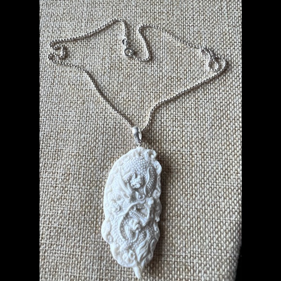 Dragon Bone Carved Pendent  on .925 Sterling Chain 16” Necklace - Picture 2 of 7
